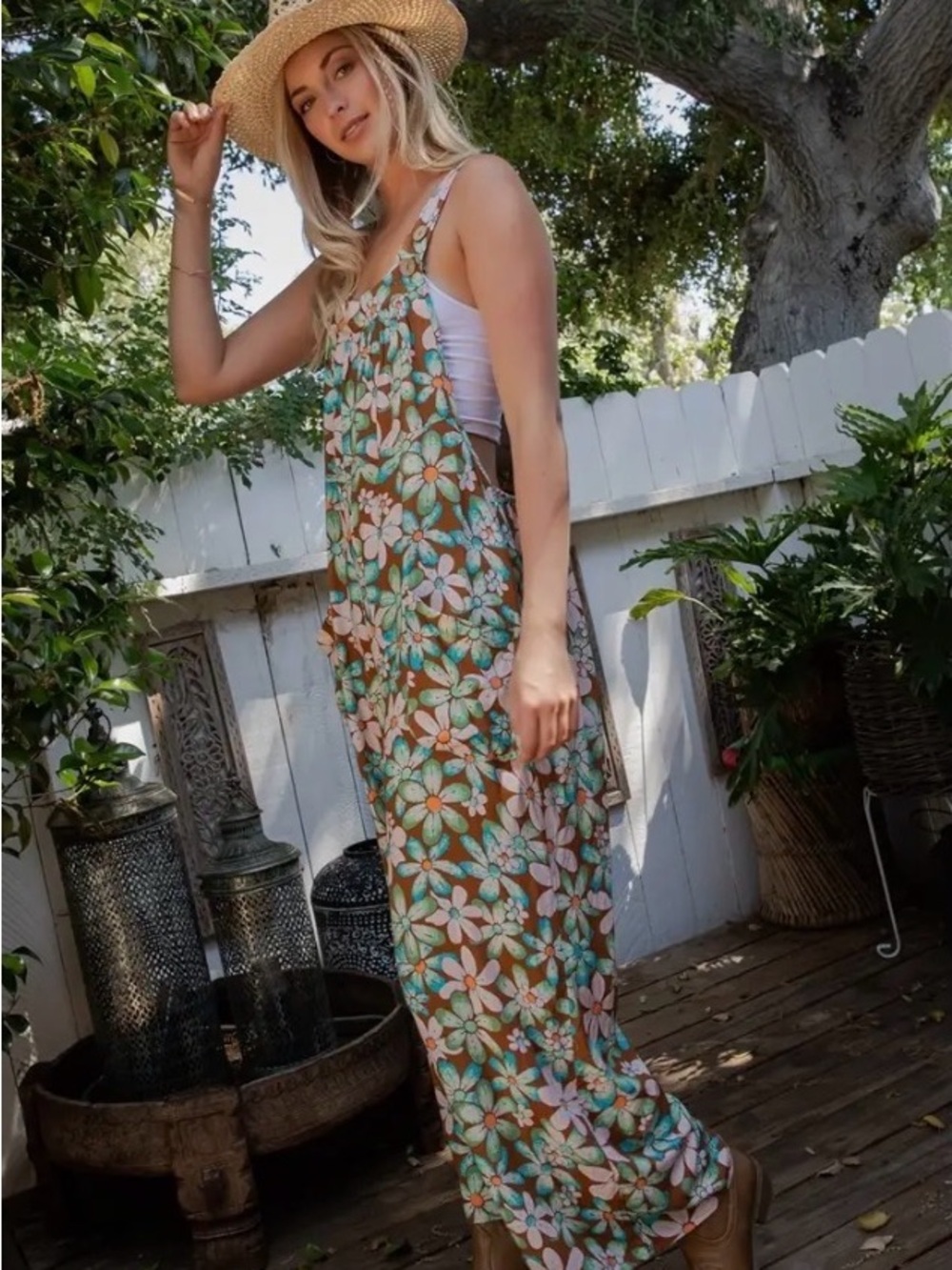 Sage + Fig Retro 70s Floral Wide Leg Overalls Jumpsuit Boho - Picture 7 of 9